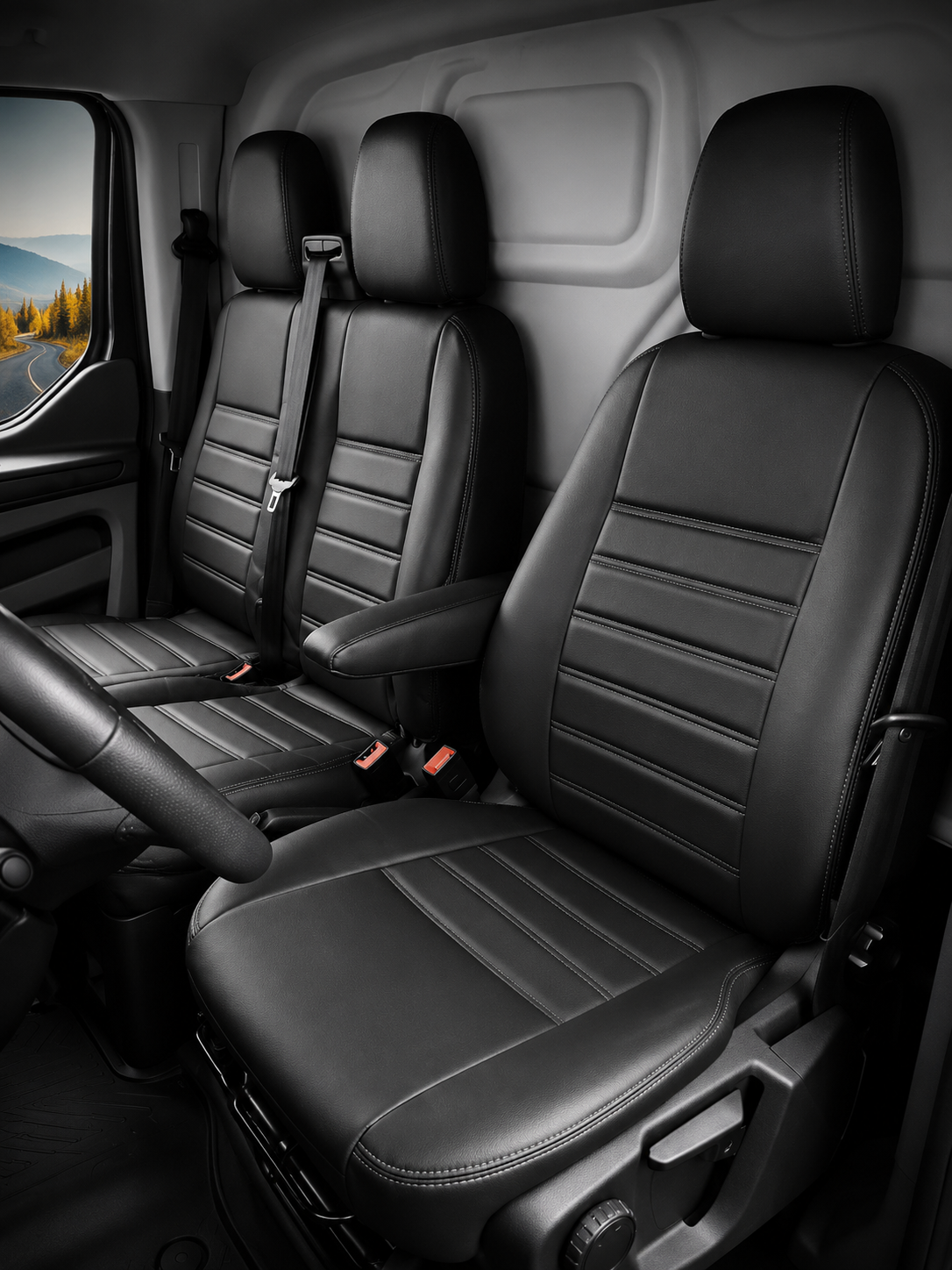 Sitzbezüge Ford Transit Custom 2013  - 2023 – Fezz zwart – Sitzbezüge aus Kunstleder – perfekte Passform ((Sitz/Doppelsitzbank-mit geteilter Sitzfläche der Doppelsitzbank))