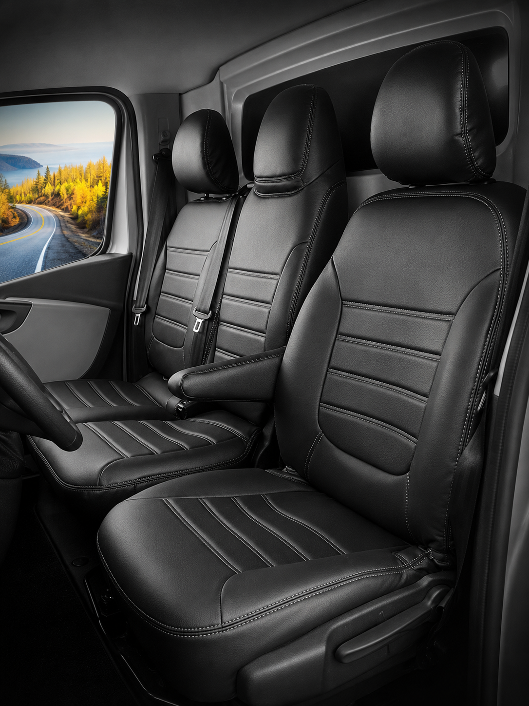 Sitzbezüge Fiat Talento 2016 - 2020 – Fezz Schwarz – Sitzbezüge aus Kunstleder – perfekte Passform (Sitz/Doppelsitzbank-mit geteilter Sitzfläche und geteilter Rückenlehne der Doppelsitzbank)