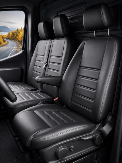 Sitzbezüge Mercedes eSprinter 2023 - heute – Fezz Schwarz – Sitzbezüge aus Kunstleder – perfekte Passform (Sitz/Doppelsitzbank-Comfort Sitz/Doppelsitzbank)
