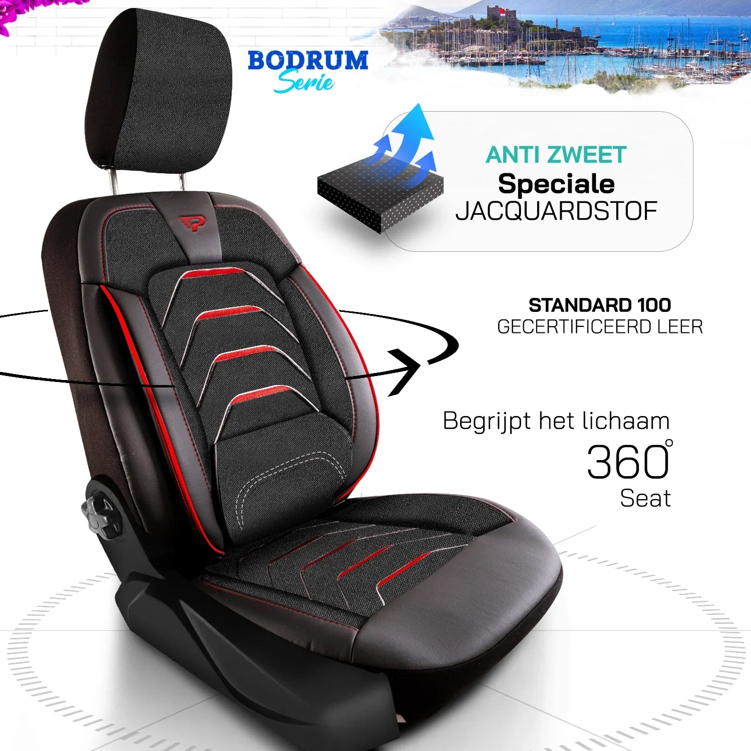 Bodrum stoelhoes, stoelhoezen voor Fiat E-Ducato 2021 - heute, Schwarz Rot, Jacquardstoff Lederoptik, Sitz/Bank
