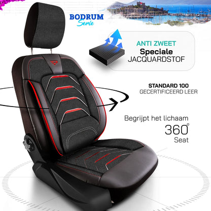 Bodrum stoelhoes, stoelhoezen voor Peugeot E-Boxer 2021 - heute, Schwarz Rot, Jacquardstoff Lederoptik, Sitz/Bank